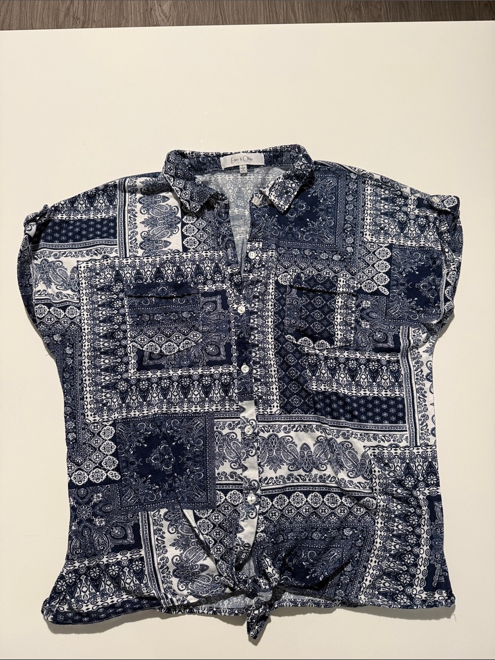 Eden & Olivia Navy and White Paisley Patchwork Button-Down Shirt Size L